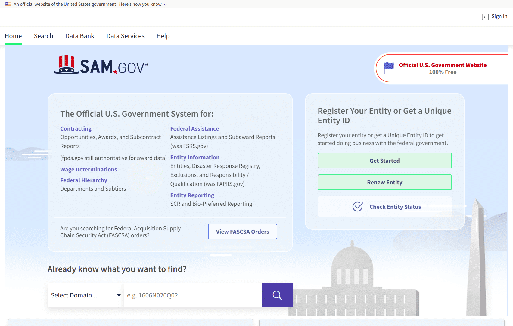 Screenshot of the SAM Registration homepage, displaying options for entity registration, federal contract opportunities, and a banner confirming it as an official U.S. government website.
