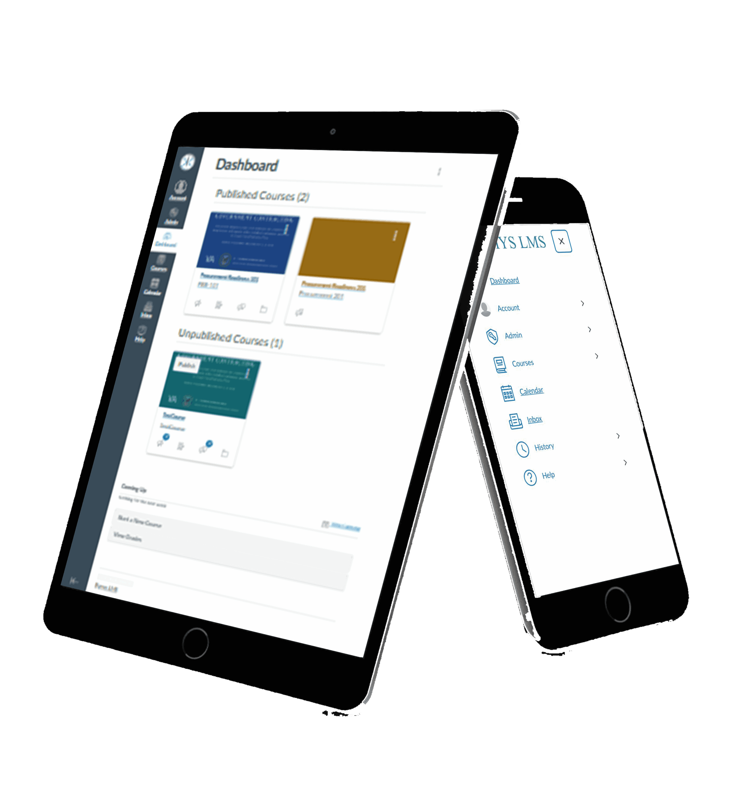 A tablet and a smartphone displaying a learning management system dashboard, both on a green background.