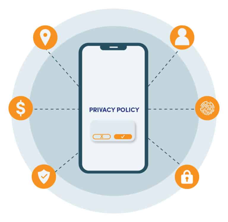 Graphic of a smartphone displaying a privacy policy, surrounded by icons representing location, user, money, fingerprint, shield, and checkmark, symbolizing data security features.