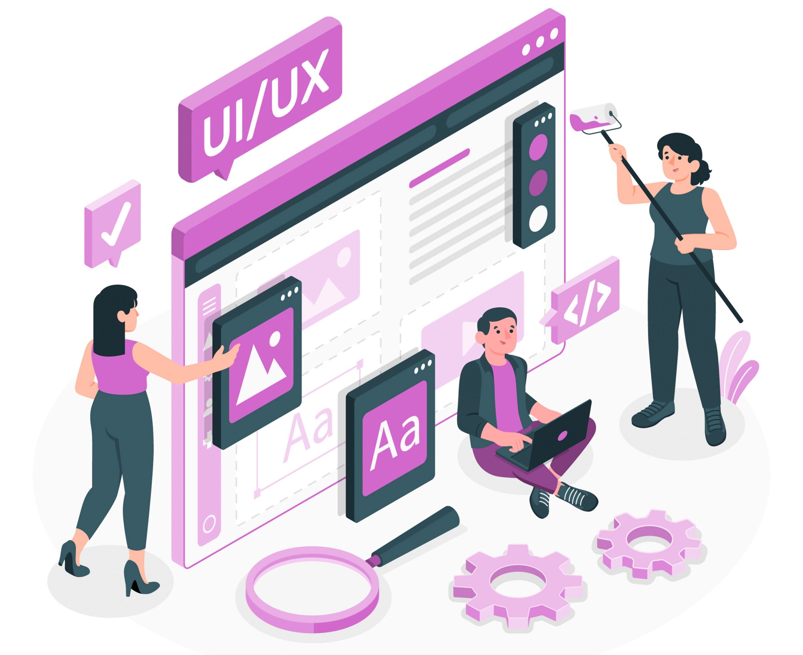 Illustration of three people working on UI/UX design elements. One person uses a laptop, another adjusts a photo, and a third wields a paint roller. Surrounding gear and code symbols present.