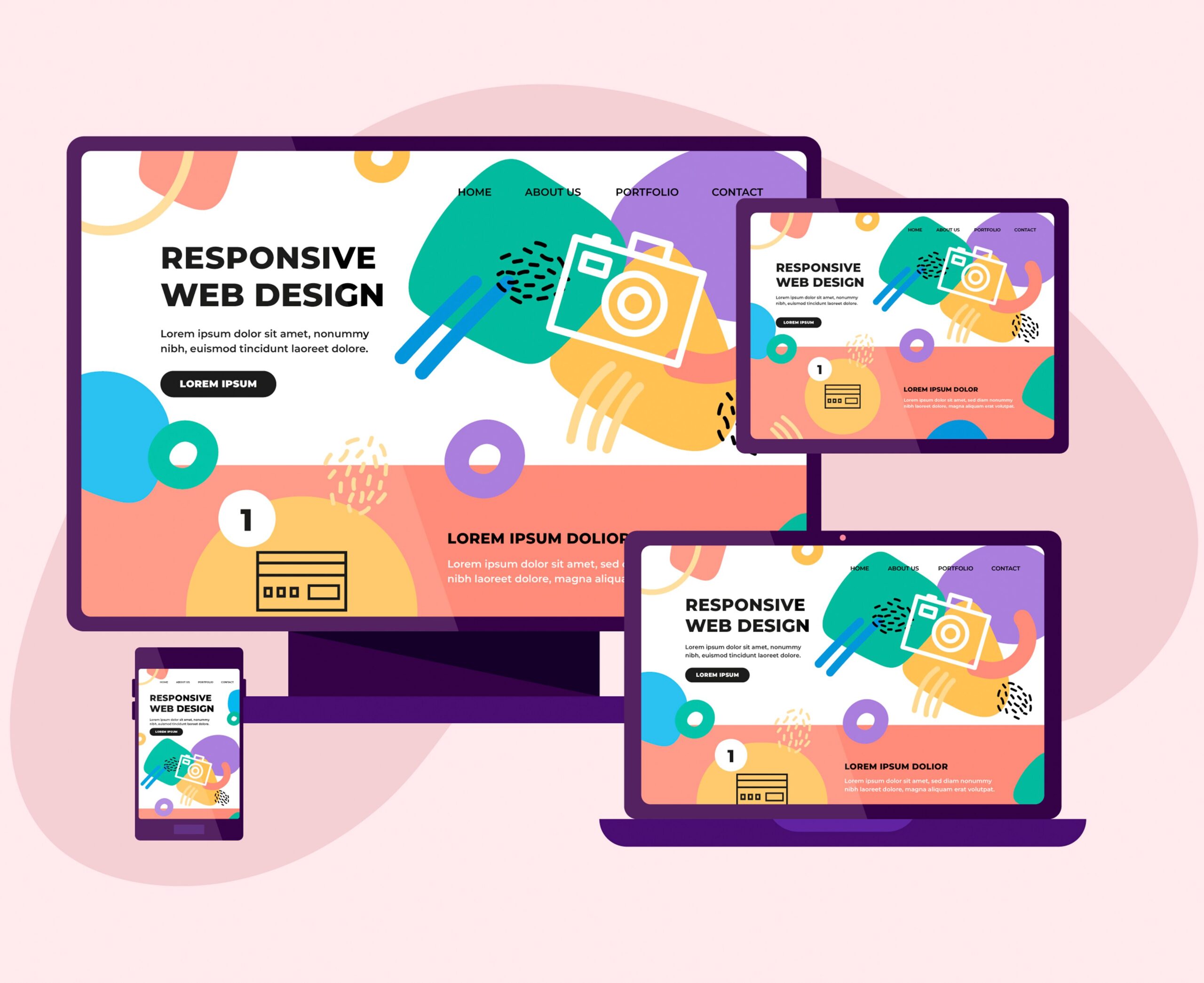 Colorful website layout displayed on desktop, laptop, tablet, and smartphone screens, highlighting responsive web design with abstract graphics and text.