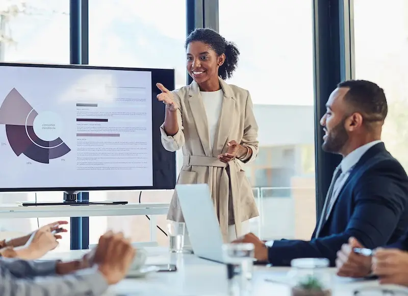 A woman presents data on a screen to four colleagues seated around a conference table in an office meeting room.