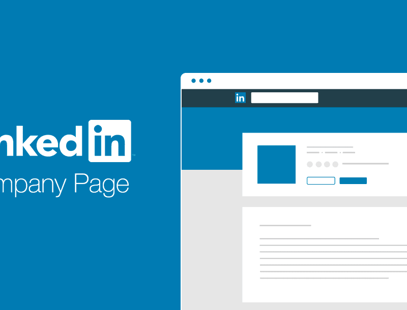 Illustration of a LinkedIn company page interface on a blue background with the LinkedIn logo and the text "LinkedIn Company Page" on the left.
