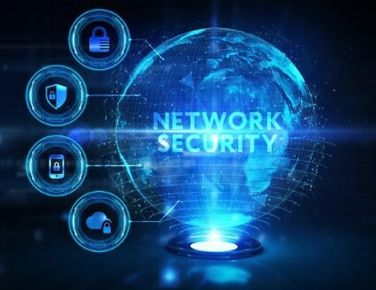 A digital globe with the words "Network Security" is shown beside four icons representing security measures, including locks and a cloud, on a blue technological background.