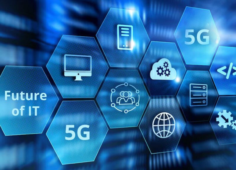 Hexagonal icons labeled "Future of IT," "5G," and tech-related symbols are displayed on a blue digital background, representing advancements in information technology.