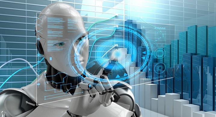 A humanoid robot interacts with a holographic interface displaying data charts and digital graphics in a modern, technology-themed setting.
