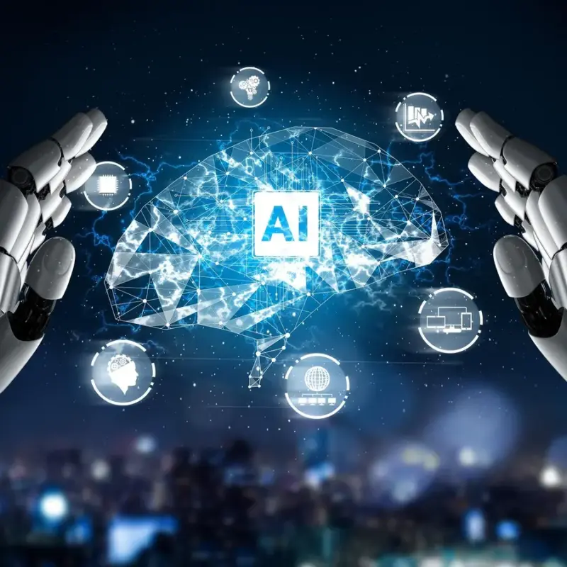 Two robotic hands frame a digital brain with an AI icon at the center, surrounded by technology-related icons on a blurred cityscape background.
