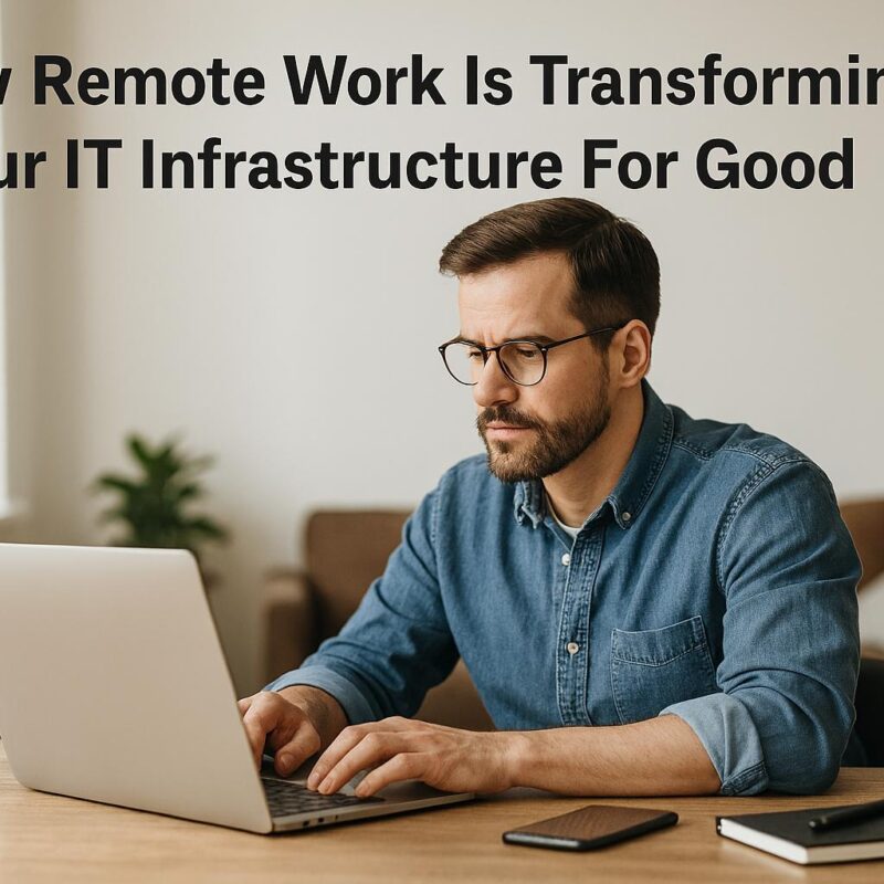 A man wearing glasses works on a laptop at a desk with a phone and notebook; the text above reads, "How Remote Work Is Transforming Your IT Infrastructure For Good.
