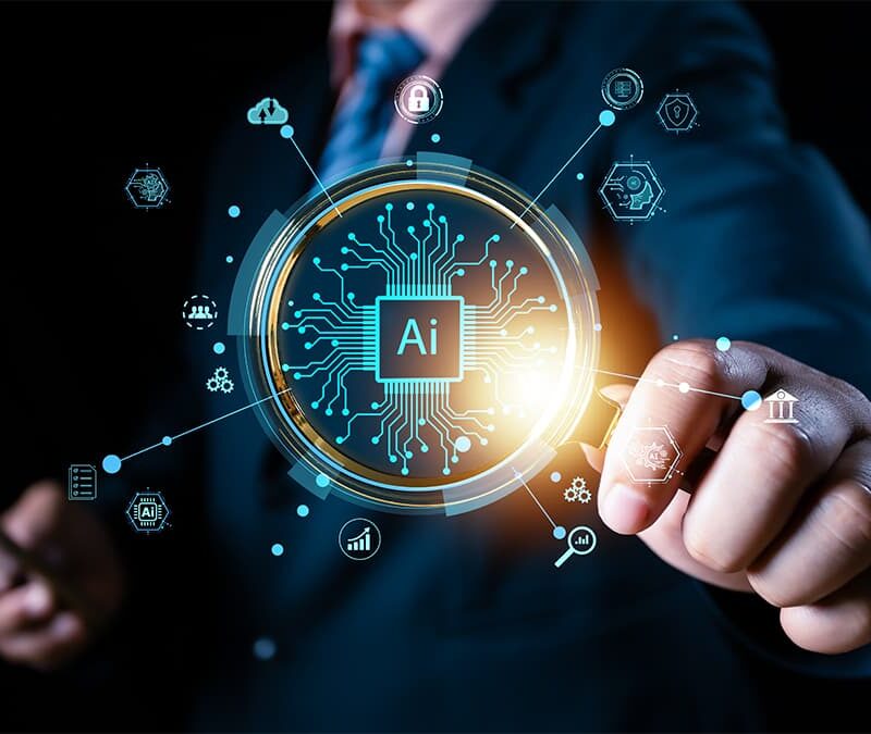 A person in a suit uses a touchscreen interface displaying a glowing AI chip icon surrounded by technology-related symbols.