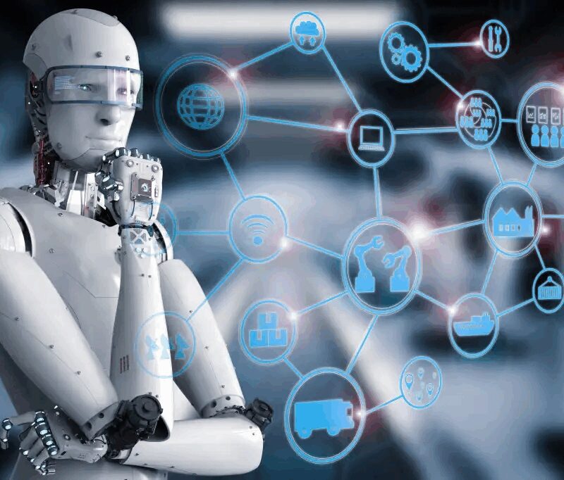 A humanoid robot stands thoughtfully beside a digital interface displaying interconnected technology and automation icons.