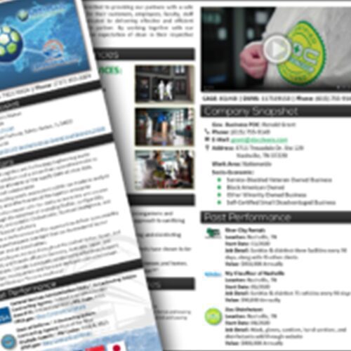 Two pages of a business brochure with company information, contact details, performance metrics, and a blurred image of a person holding a soccer ball.