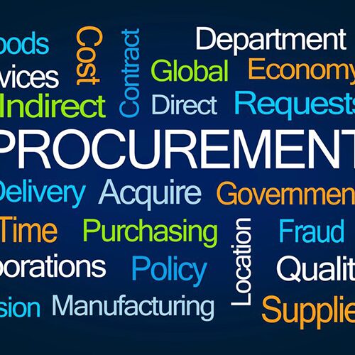 Word cloud featuring terms related to procurement, such as "contract," "supplier," "purchasing," "government," "policy," and "quality," on a dark blue background.
