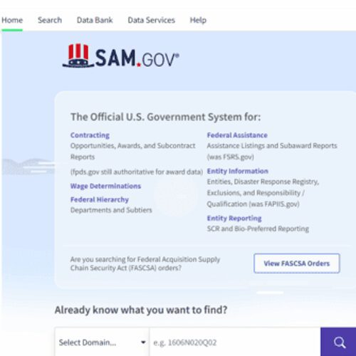 Screenshot of the SAM.gov website homepage, displaying official U.S. government system information and navigation options for contracting, federal assistance, and entity information.