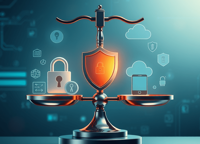 A balanced scale with a shield, padlock, and digital icons symbolizing cybersecurity, law, data protection, and technology on a blue futuristic background.