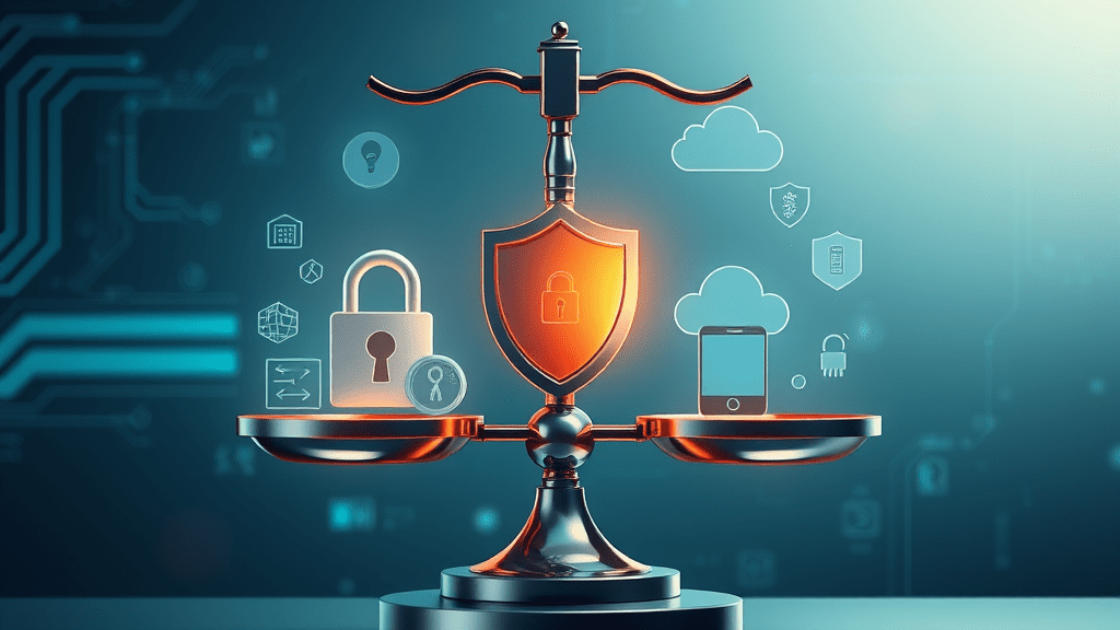 A balanced scale with a shield, padlock, and digital icons symbolizing cybersecurity, law, data protection, and technology on a blue futuristic background.