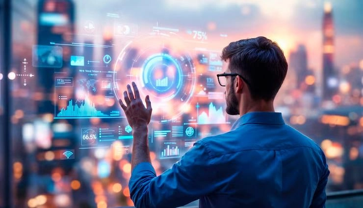 A man interacts with a large, transparent digital screen displaying data visualizations, graphs, and charts, with a city skyline in the background.