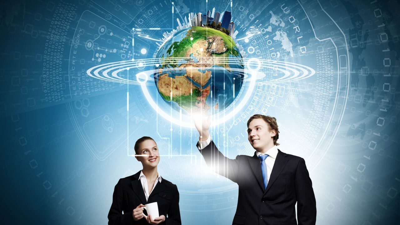 Two people in business attire interact with a digital Earth hologram surrounded by technology-themed graphics.