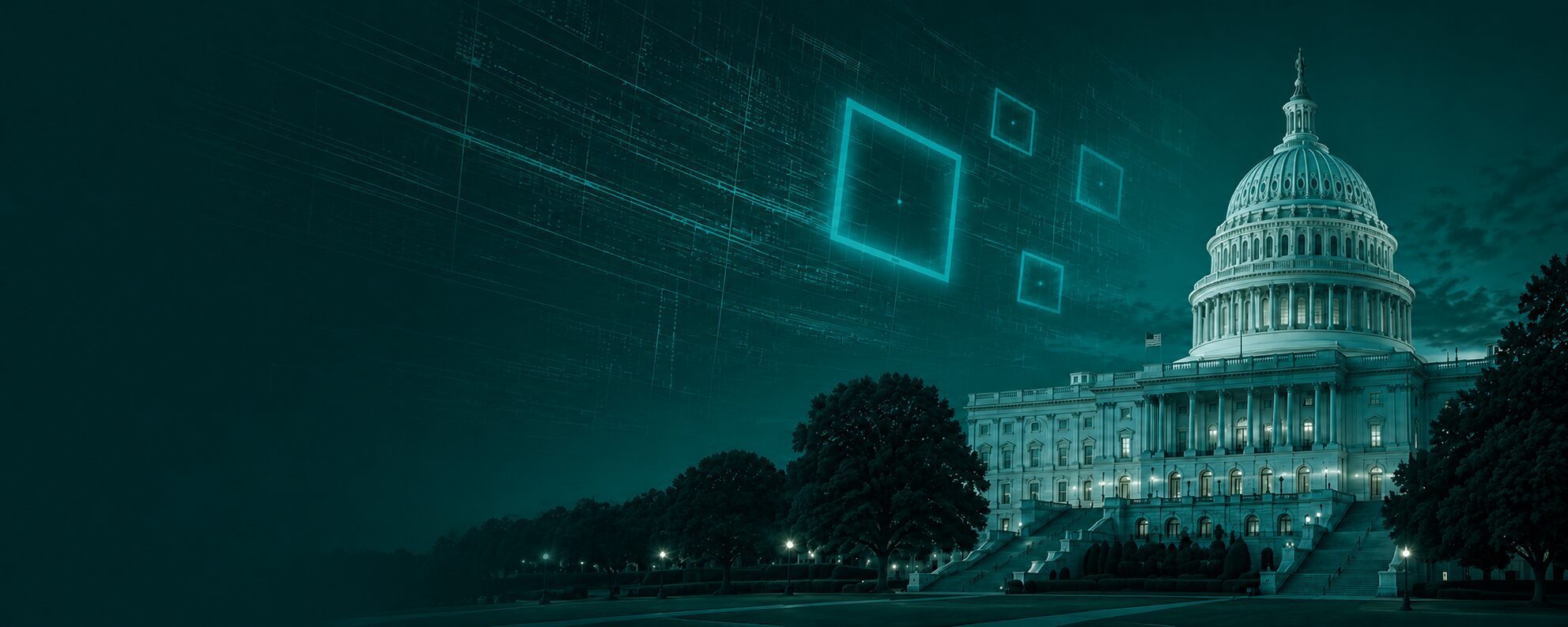 The U.S. Capitol building at night with digital square graphics and data lines overlayed on the sky, suggesting technology or cybersecurity themes.