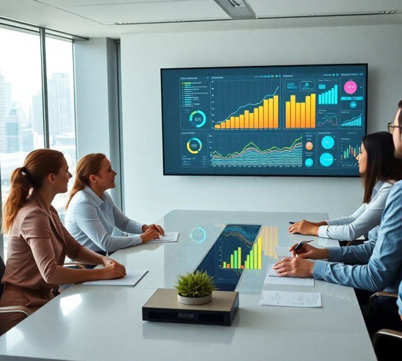 Five people in business attire sit around a conference table, viewing financial charts and graphs displayed on a large screen in a modern office with city views.