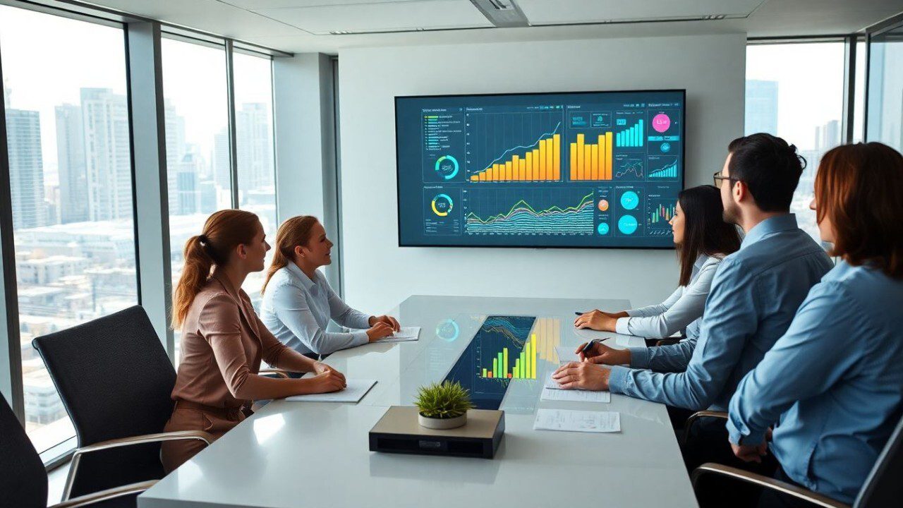 Five people in business attire sit around a conference table, viewing financial charts and graphs displayed on a large screen in a modern office with city views.