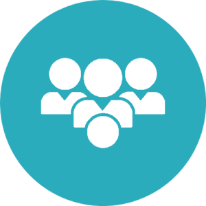 White icon of four generic people figures grouped together on a turquoise circular background.
