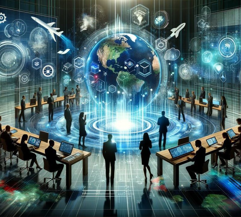 People at desks surround a glowing digital globe with technology icons and data visuals, suggesting a global communication or technology network environment.