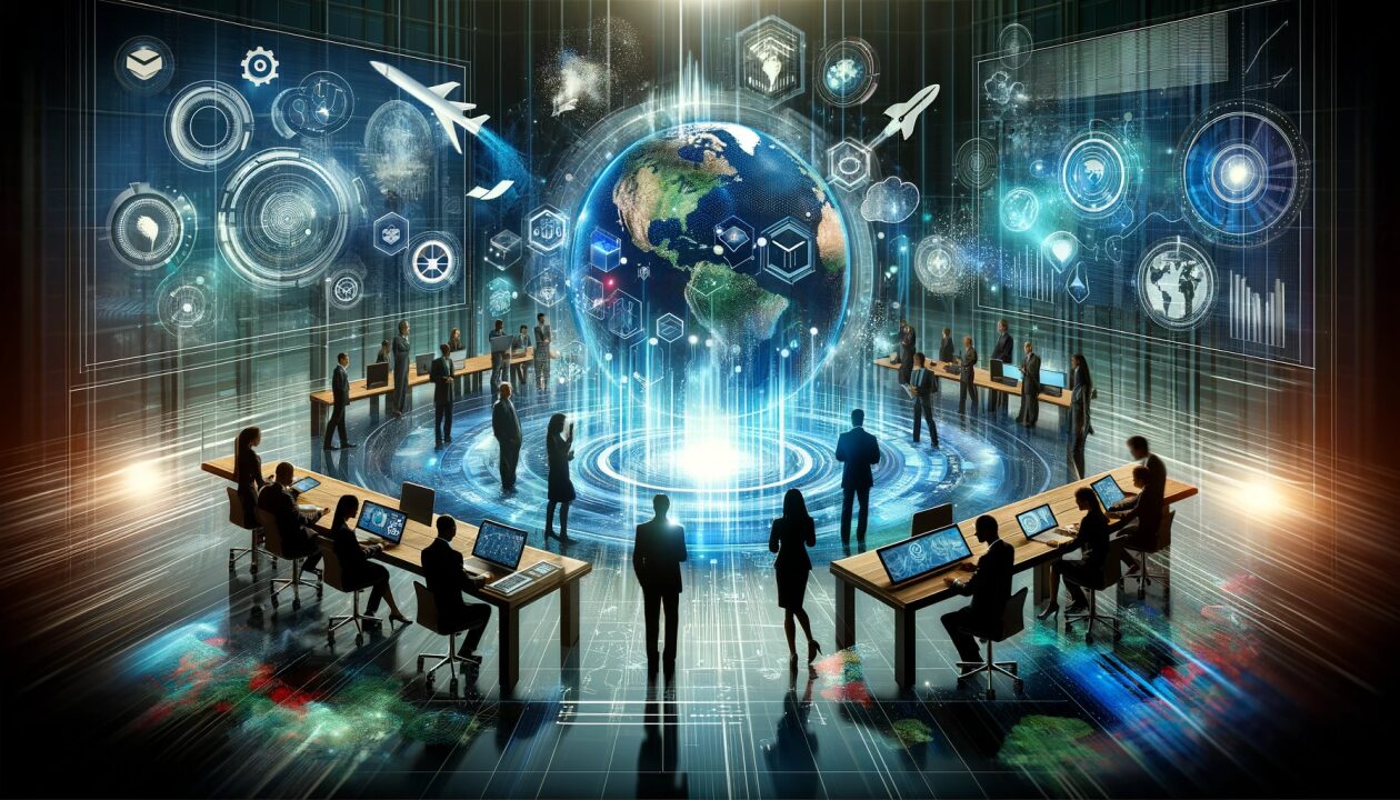 People at desks surround a glowing digital globe with technology icons and data visuals, suggesting a global communication or technology network environment.