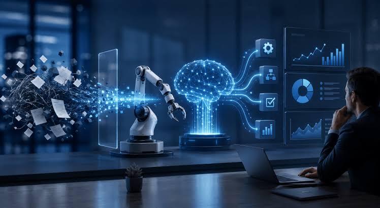 A person at a desk observes data charts while a robotic arm interacts with a digital brain, representing artificial intelligence and automation.