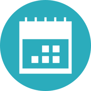 White calendar icon with grid squares, representing dates or events, centered on a teal circular background.