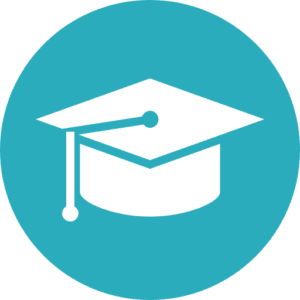 White graduation cap icon with tassel on a teal circular background.