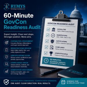 A promotional graphic for RYMYS’ 60-Minute GovCon Readiness Audit, highlighting service features, benefits, and a call to schedule an audit, with a clipboard and branded items shown.