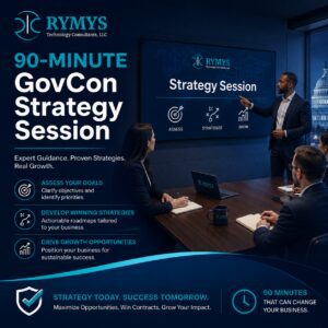 Three professionals in business attire hold a GovCon strategy session in a conference room with presentation screens displaying session details and business icons.