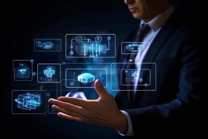 A person in a suit interacts with floating digital interface panels displaying various technology icons and holograms, suggesting themes of innovation and data management.