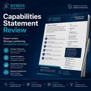 A capabilities statement document from RYMYS Technology Consultants, LLC is displayed, highlighting services, company strengths, and competitive advantages on a blue and white background.