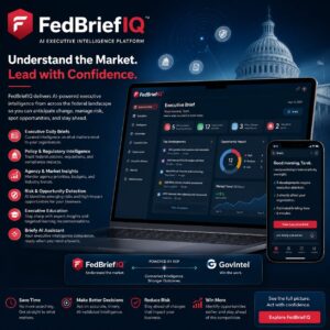 A promotional image for RYMYS FedBriefIQ displays its dashboard on a tablet and phone, highlighting government market analytics and features, accompanied by descriptive benefit text and a U.S. Capitol graphic in the background.