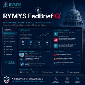 FedBriefIQ dashboard with sections for executive briefing, policy updates, news, and focus areas, designed for government market and executive intelligence by RYMYS Technology Consultants.