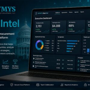 A laptop displays a dashboard for RYMYS GovIntel, a government procurement intelligence platform, featuring charts, statistics, navigation menus, and promotional text with icons highlighting its features.