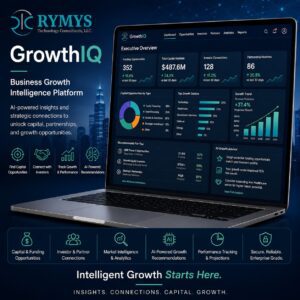 A laptop displays the RYMYS GrowthIQ platform dashboard with charts and data visualizations on business growth, surrounded by key feature icons and text highlighting AI-powered business intelligence solutions.
