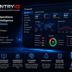 Dashboard interface for RYMYS JantryIQ security platform displaying analytics, threat activity, and key metrics; text highlights features such as AI intelligence, monitoring capabilities, and advanced vulnerability management.
