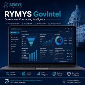 Laptop displaying RYMYS GovIntel dashboard with government contracting data visualizations, surrounded by branding elements and the U.S. Capitol building in the background.