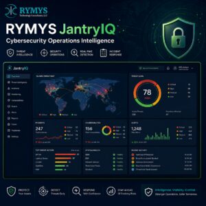 Dashboard showing cybersecurity metrics, global threat map, vulnerability stats, and threat levels, with RYMYS JantryIQ branding and tagline, “Intelligence. Visibility. Control.”.