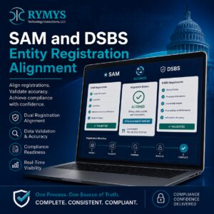 A laptop displays SAM and DSBS registration status on screen, with text promoting dual registration alignment and compliance services by RYMYS Technology Consultants.