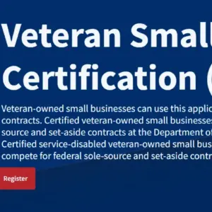 SBA Small Business Certification Services webpage for Veteran Small Business Certification (VetCert), featuring an informational overview of federal contract opportunities and a registration button.