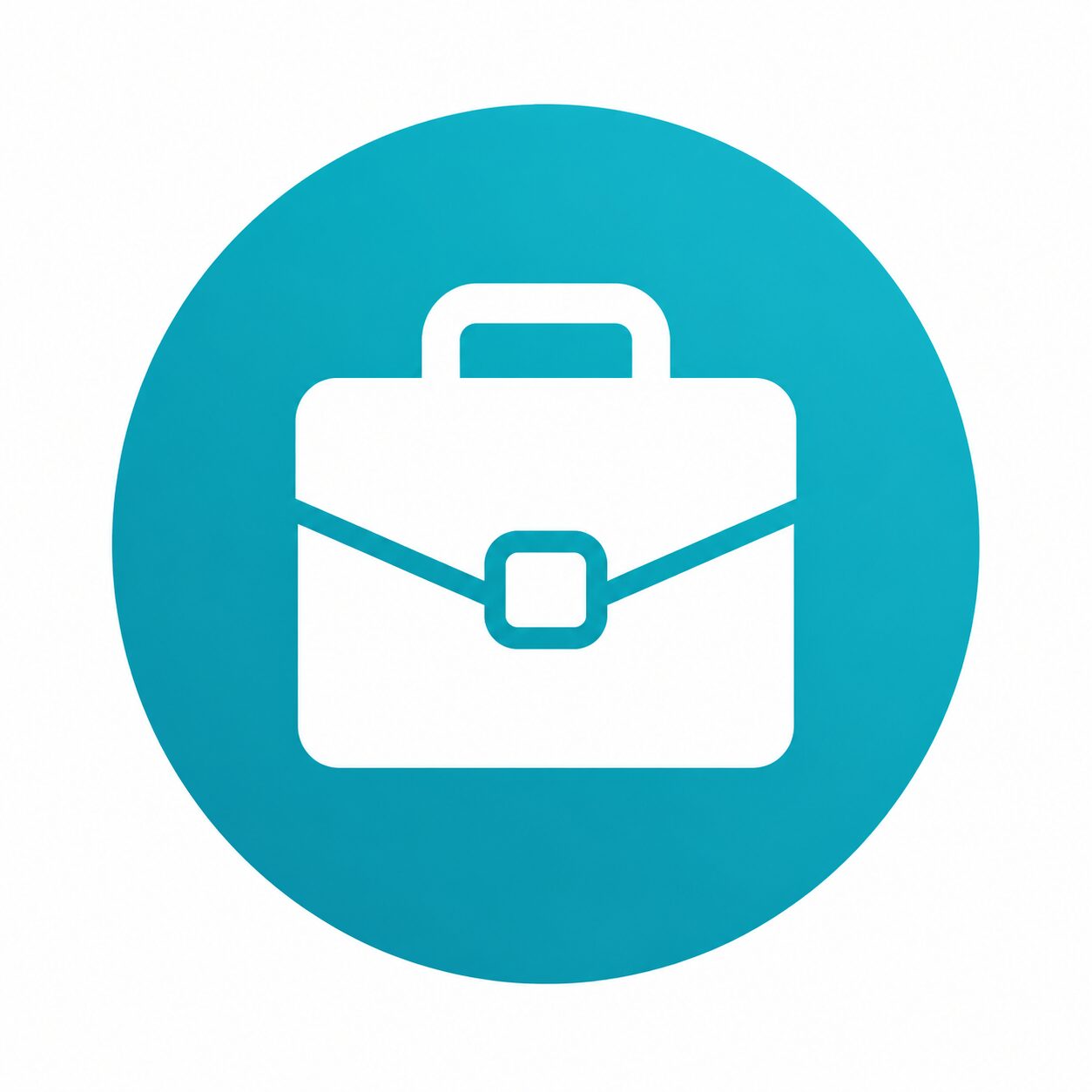 White briefcase icon centered on a teal circular background, representing business or professional work.