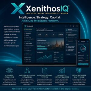 RYMYS XenthiosIQ interface displayed on laptop and phone screens, showcasing AI-powered investment and intelligence tools with clear icons and text set against a dark blue background.