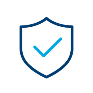 Blue outline of a shield with a blue check mark inside, symbolizing security or verified protection, on a white background.
