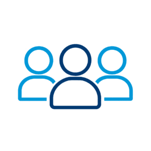 Simple line icon of three people, with one figure in front and two partially behind on either side, representing a group or team.