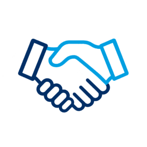 Outline drawing of two hands shaking, symbolizing agreement or partnership, on a plain white background.