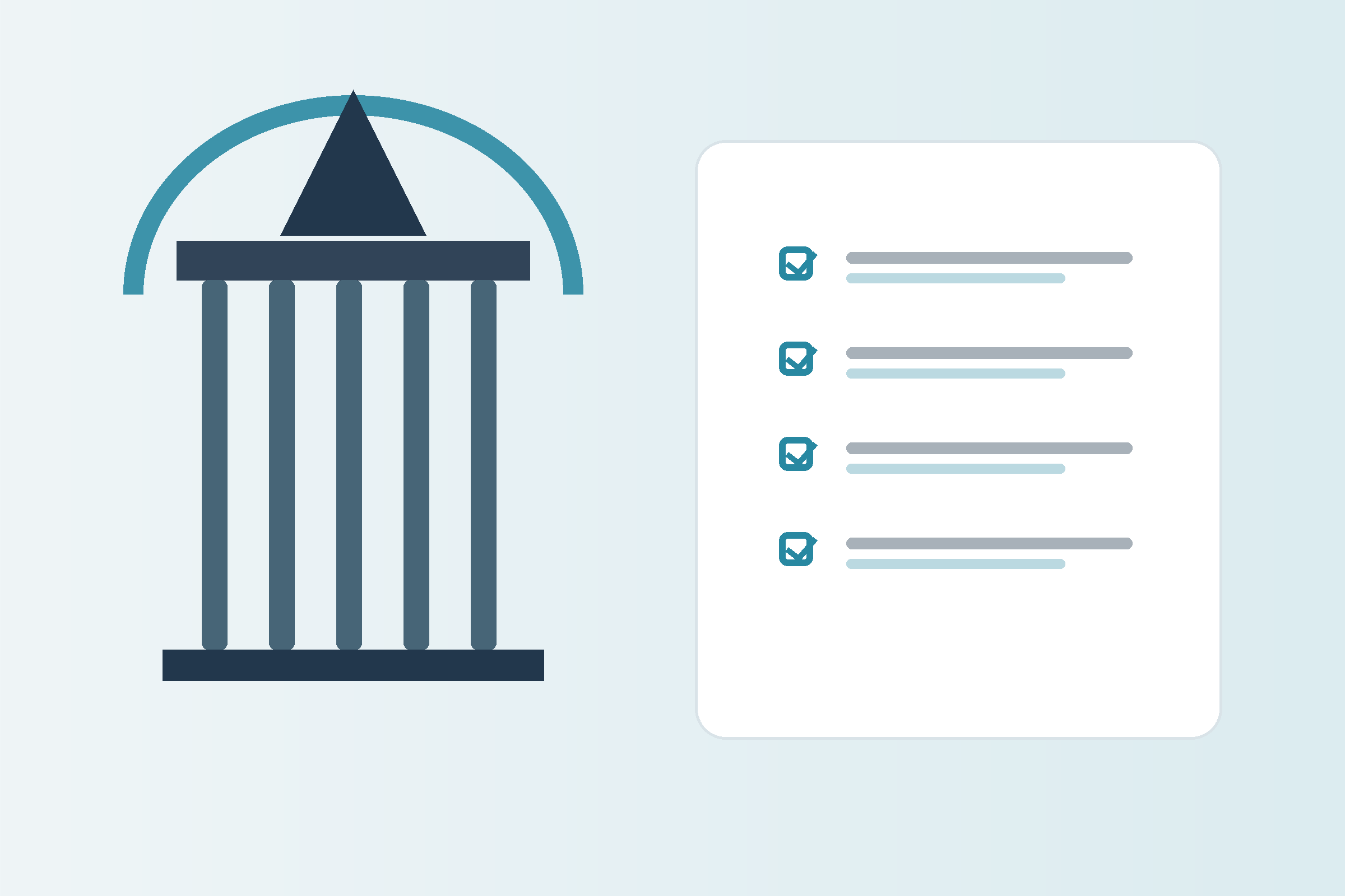 Illustration of a classical column structure next to a checklist with four items, each marked with a blue checkmark on a white background.