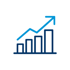 Bar chart with four ascending bars and a line with an arrow pointing upward, representing growth or progress.